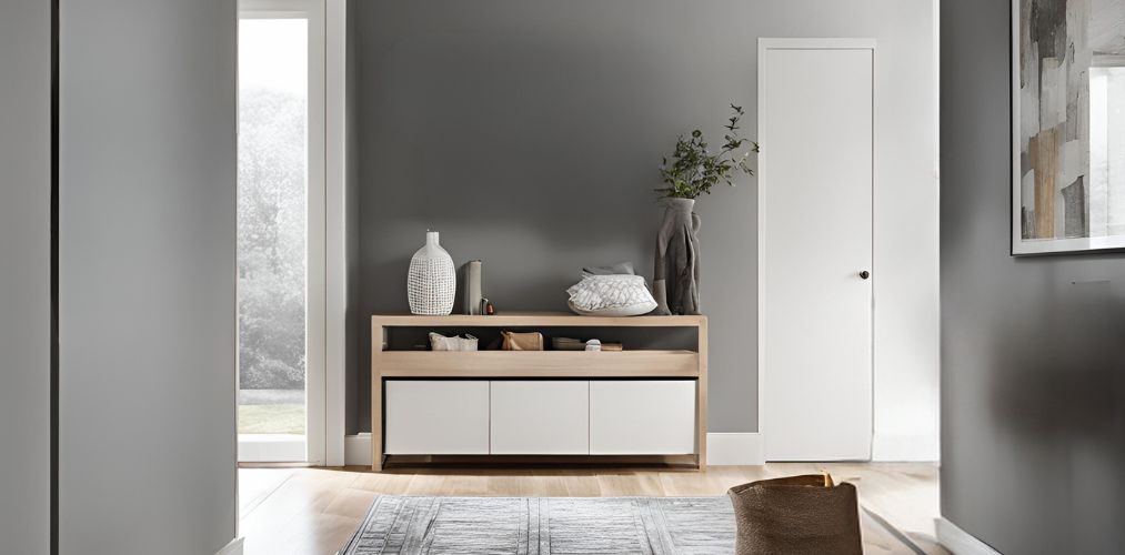 Grey foyer design with white-wood storage unit - Beautiful Homes