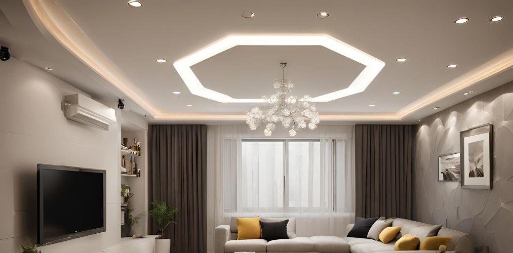 Hexagonal false ceiling design with chandelier - Beautiful Homes