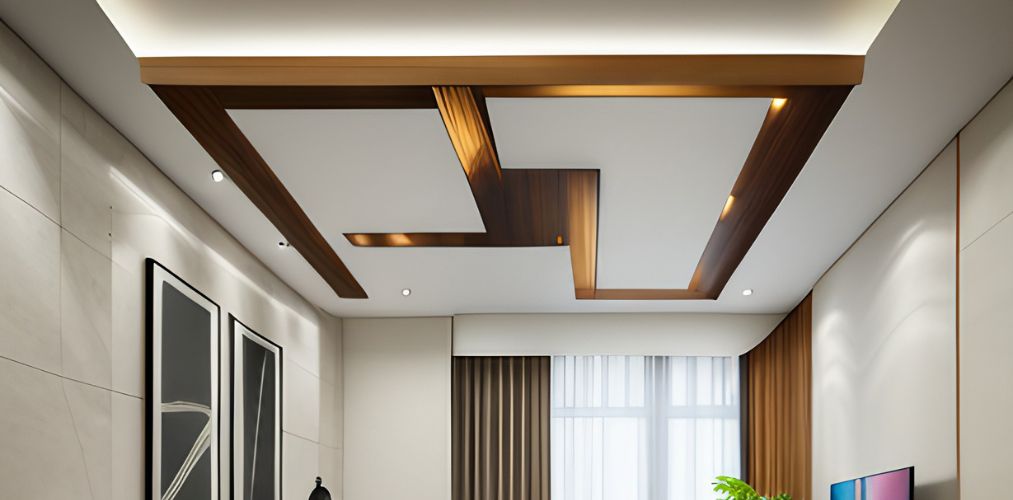 L shape false ceiling design for bedroom with wood and paint-Beautiful Homes