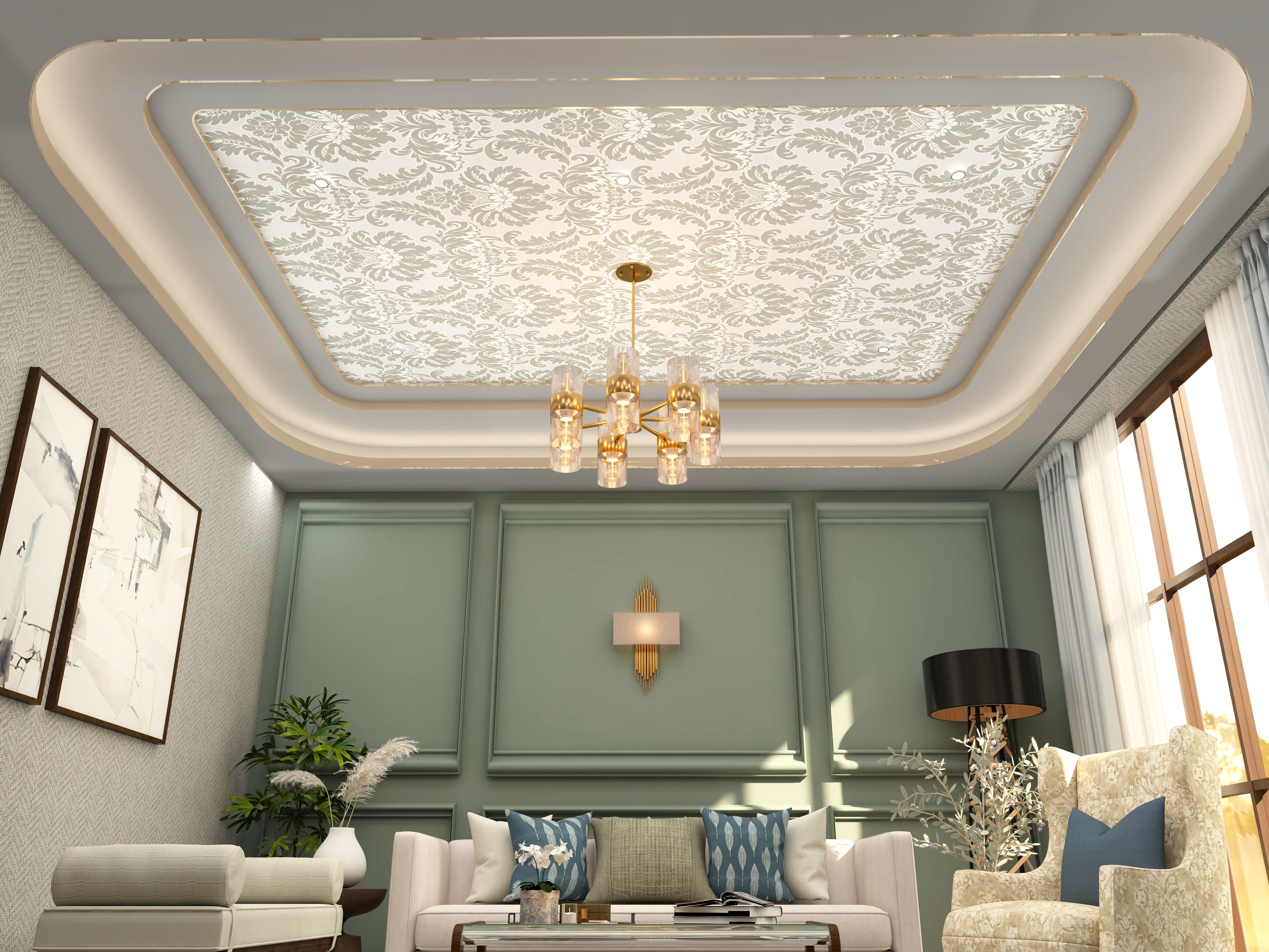 Layered ceiling with wallpaper with motifs and cove lighting-Beautiful Homes