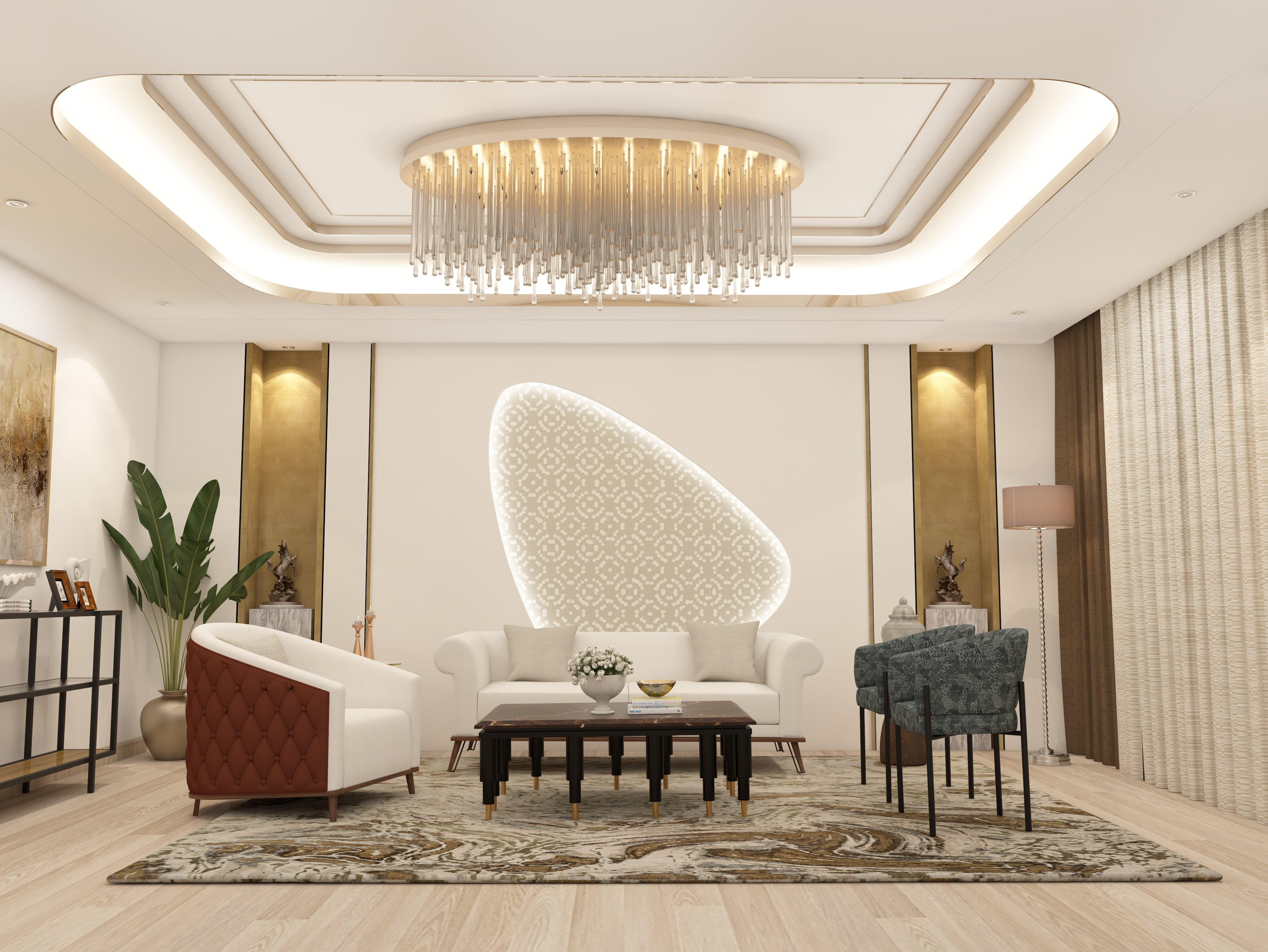 Layered false ceiling design with gold rim - Beautiful Homes