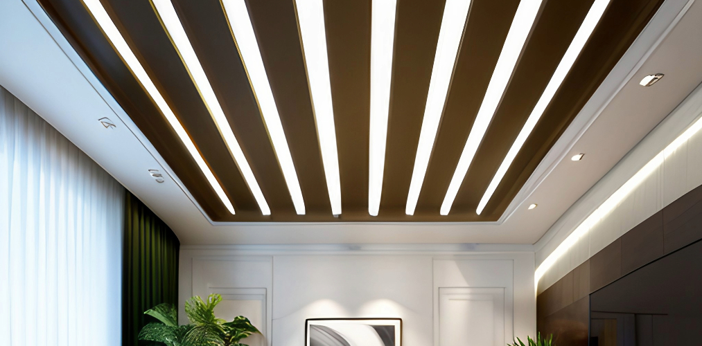 Linear false ceiling design with wood and profile lights-Beautiful Homes
