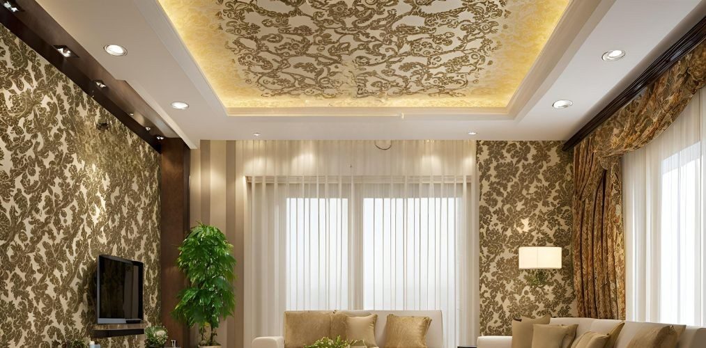 Living room false ceiling design with damask wallpaper - Beautiful Homes