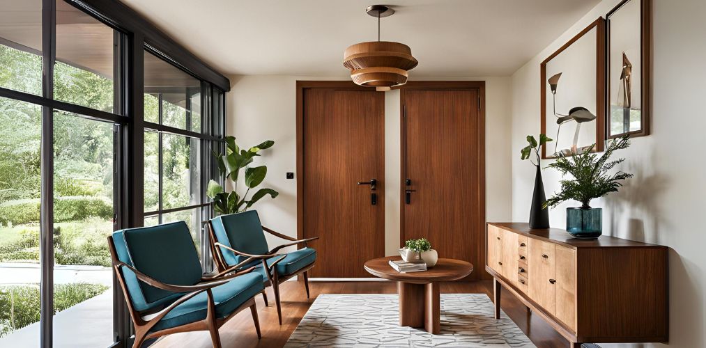 Mid-century foyer with wooden table and chairs - Beautiful Homes