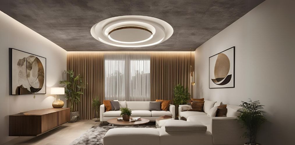 Mid-century modern concrete and gypsum round false ceiling - Beautiful Homes