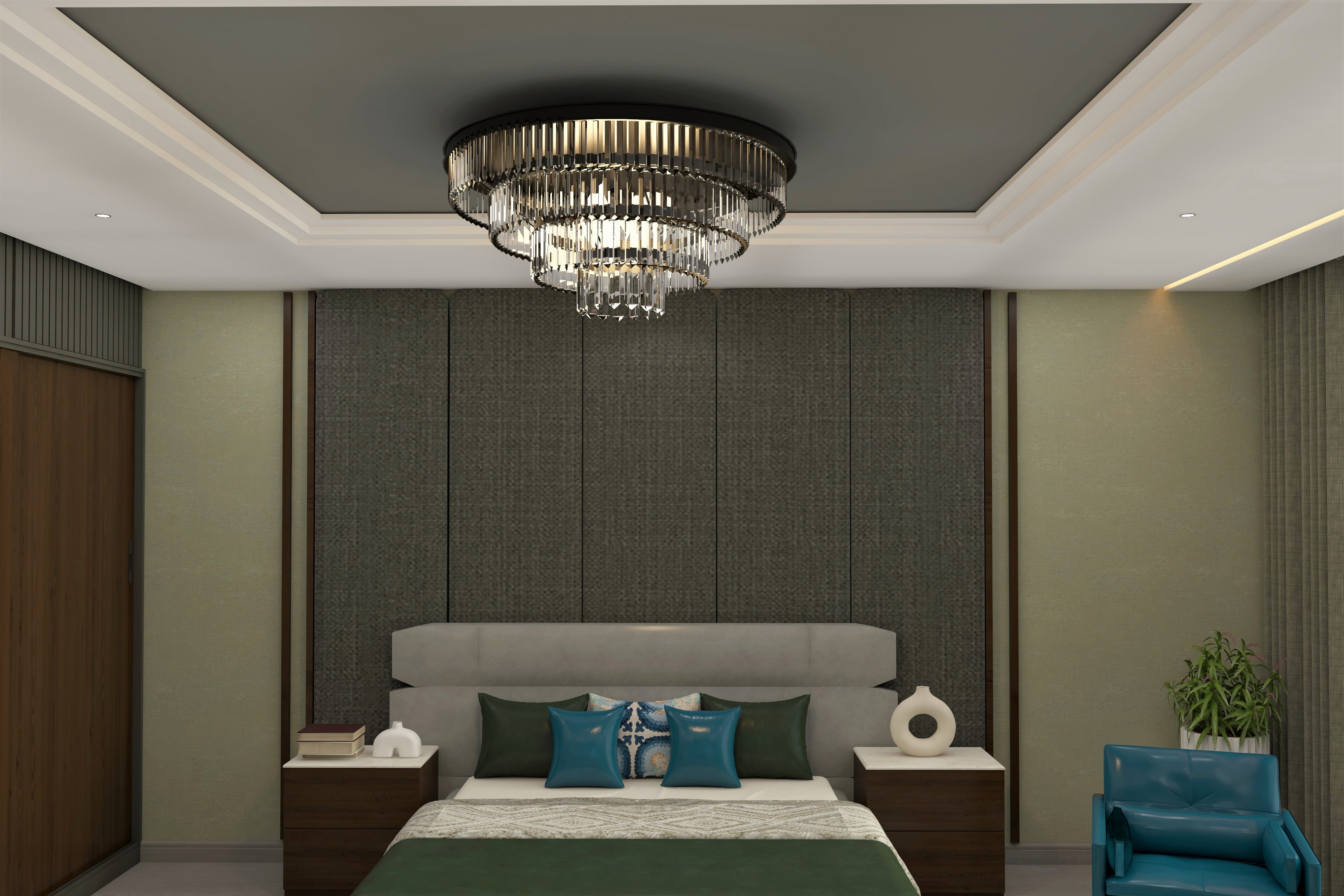 Stepped false ceiling with chandelier for bedroom-Beautiful Homes