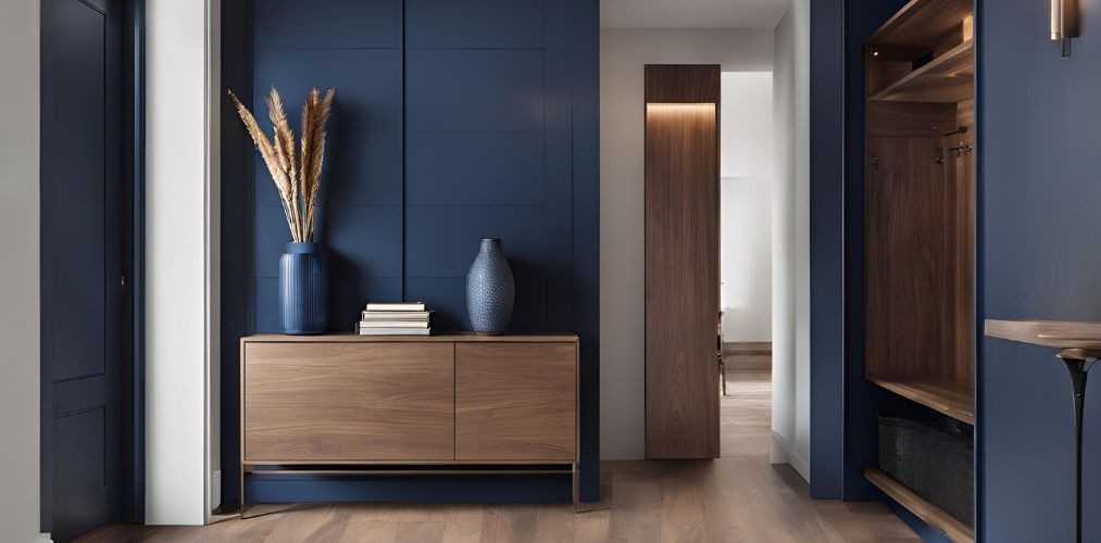 Modern dark blue foyer with wooden storage unit - Beautiful Homes