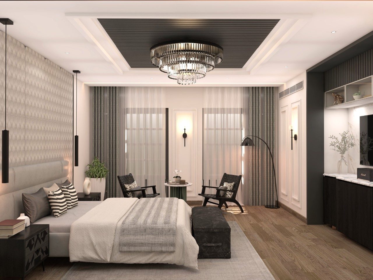 Modern false ceiling with fluted panels for bedroom - Beautiful Homes