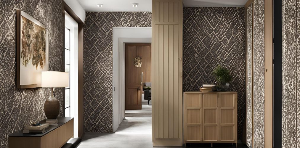 Modern foyer with wooden cabinets and patterned wallpaper - Beautiful Homes