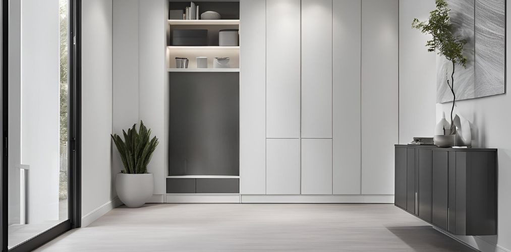 Modern white and grey foyer with tall white storage unit - Beautiful Homes