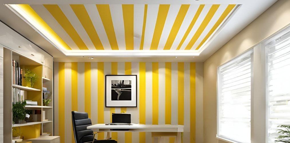 Modern yellow and white striped home office false ceiling - Beautiful Homes