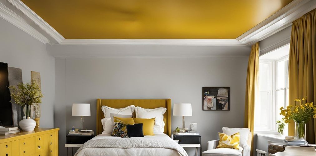 Mustard yellow ceiling design for classic bedroom - Beautiful Homes