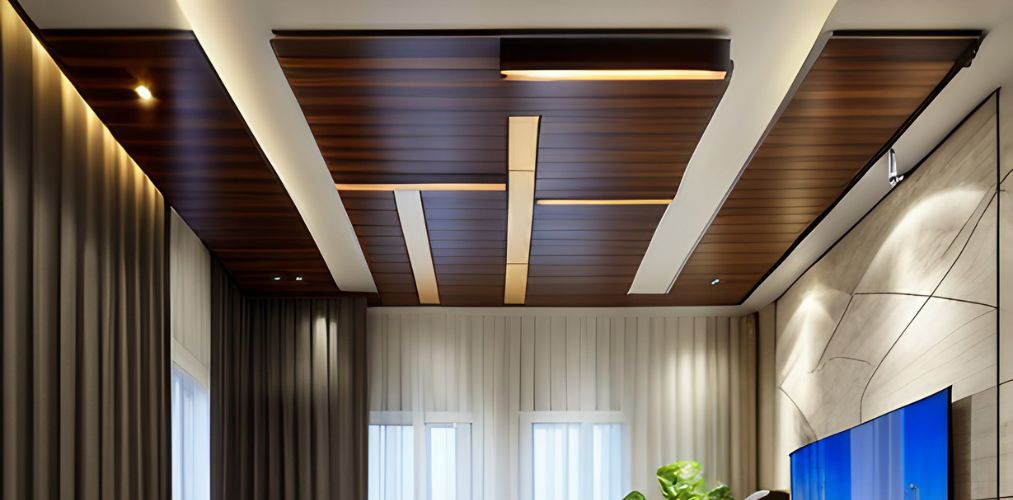 Living room ceiling with plank boards wood-Beautiful Homes