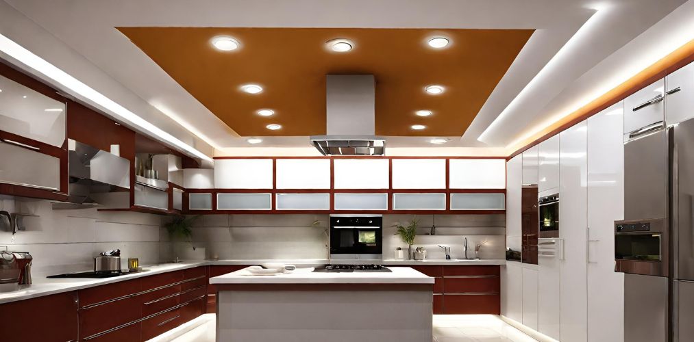 Orange and white kitchen false ceiling with lights-Beautiful Homes