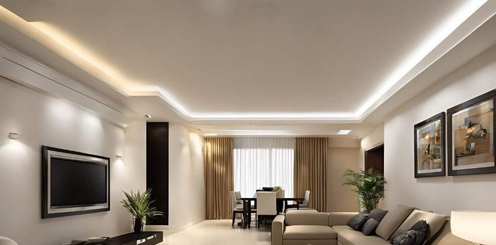 Peripheral white ceiling design with cove lights - Beautiful Homes