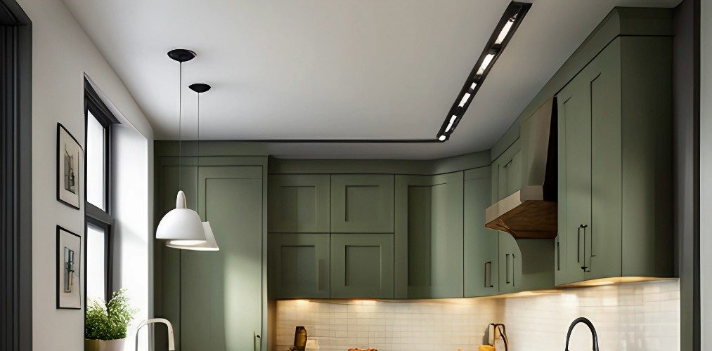 White pop design for small kitchen with focus lights-Beautiful Homes