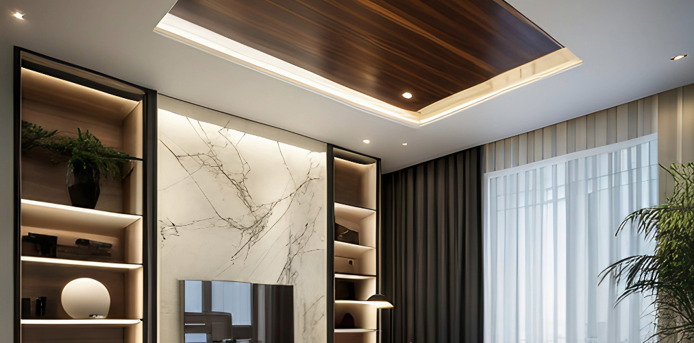 Rectangular false ceiling design with gypsum and wood-Beautiful Homes