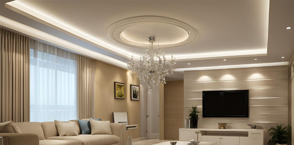 Rectangular false ceiling with chandelier and recessed lights - Beautiful Homes