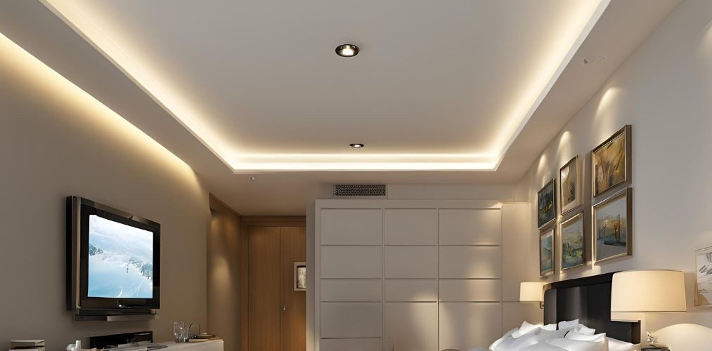 Square peripheral false ceiling in bedroom with cove lights - Beautiful Homes