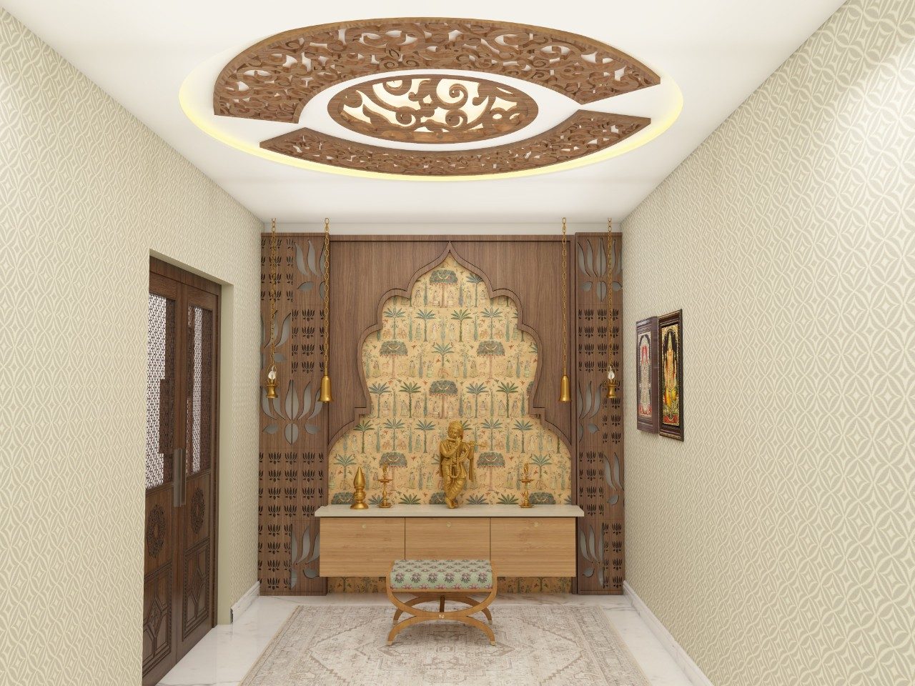 Traditional false ceiling with CNC cut wood and concealed lights - Beautiful Homes