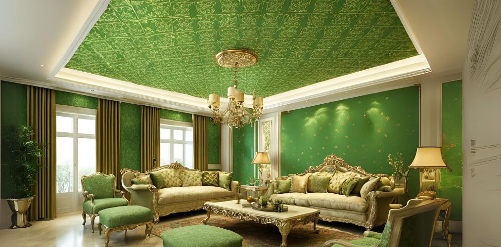 Vintage green damask false ceiling with wallpaper - Beautiful Homes