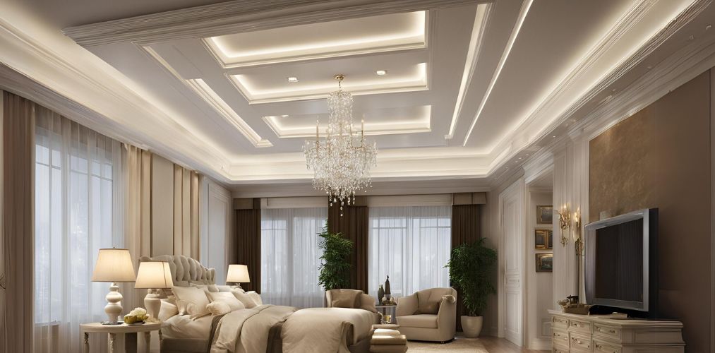 White coffered bedroom ceiling design with chandelier - Beautiful Homes