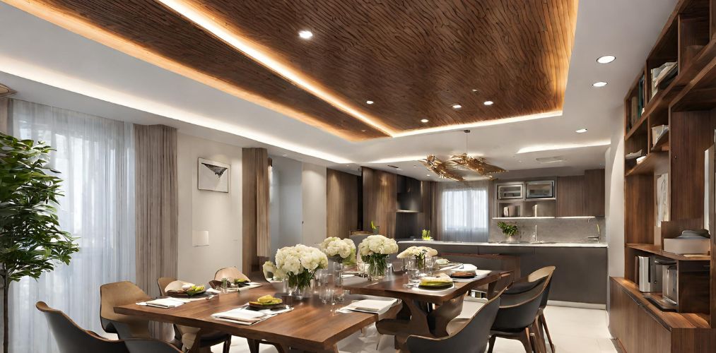 Wooden false ceiling design for dining room-Beautiful Homes