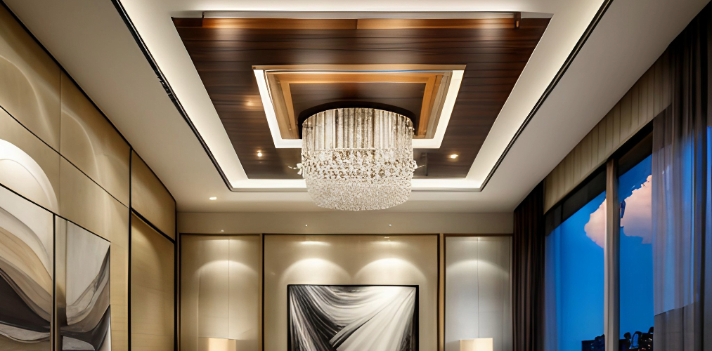 Wooden false ceiling with chandelier for living room-Beautiful Homes