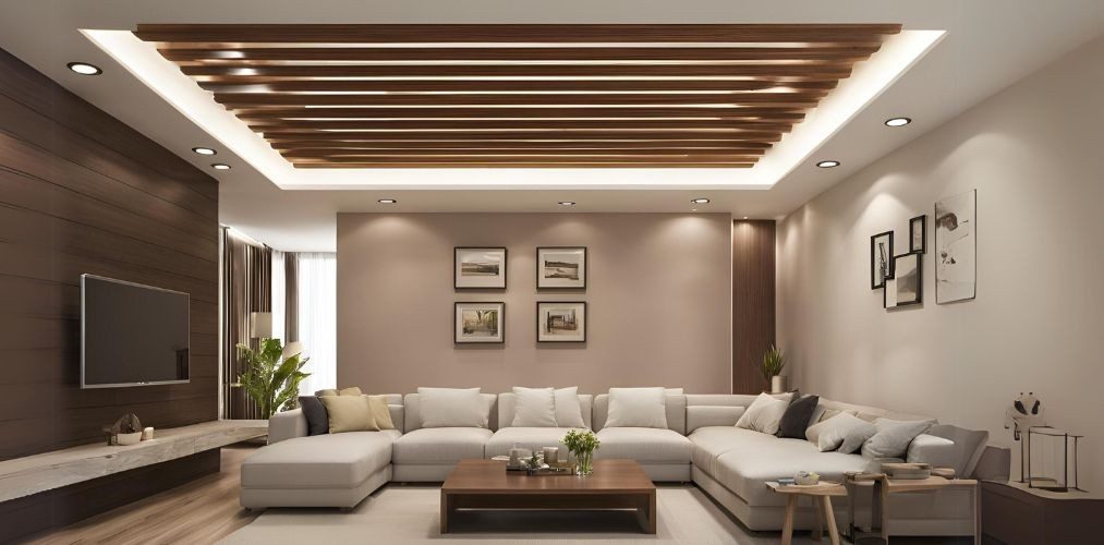 Wooden rafter ceiling with inbuilt lighting for living room - Beautiful Homes