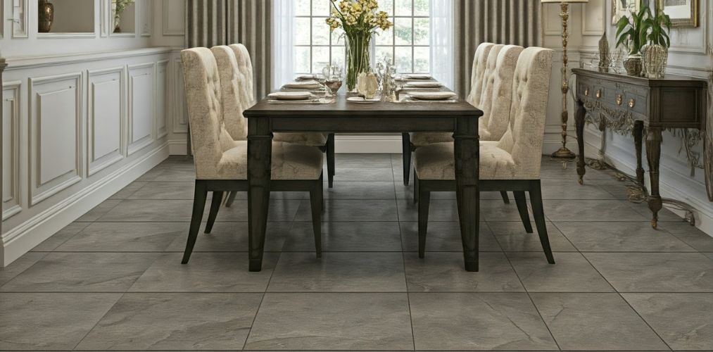 Dining room with grey matte finish floor tiles - Beautiful Homes