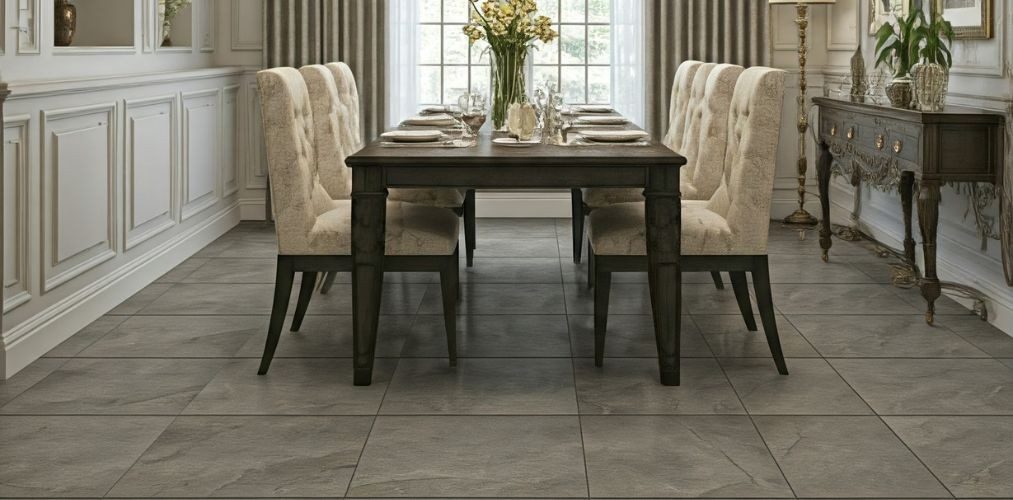Dining room with grey matte finish floor tiles - Beautiful Homes