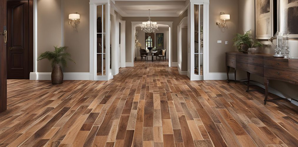 Brick patterned wooden flooring for a mid-century foyer design - Beautiful Homes