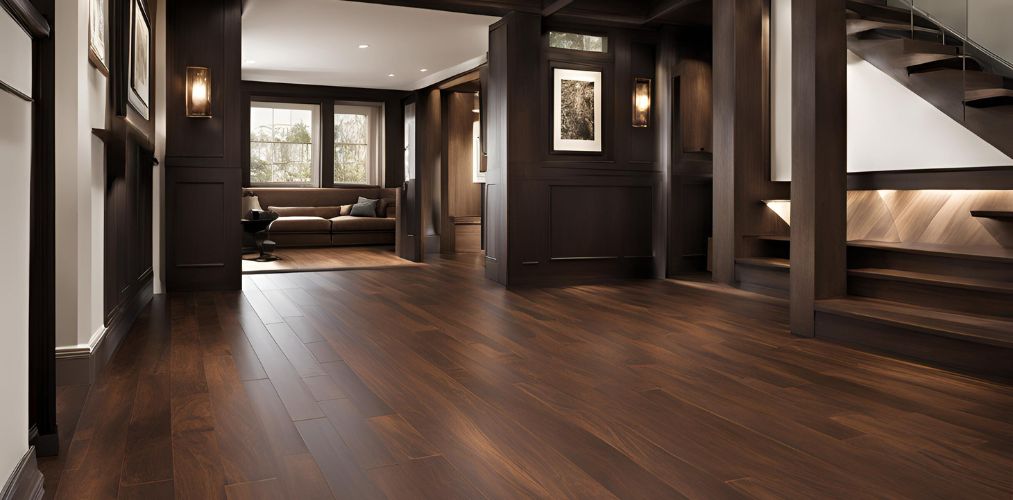 Contemporary dark brown subway flooring design for hallway - Beautiful Homes