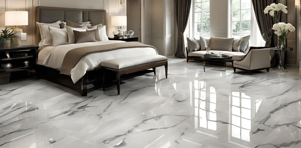 Contemporary marble flooring for guest bedroom with high-gloss finish - Beautiful Homes