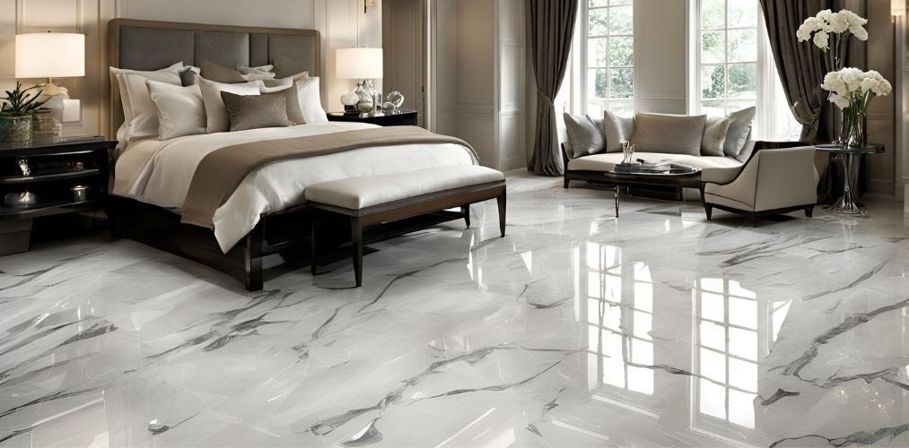 Contemporary marble flooring for guest bedroom with high-gloss finish - Beautiful Homes