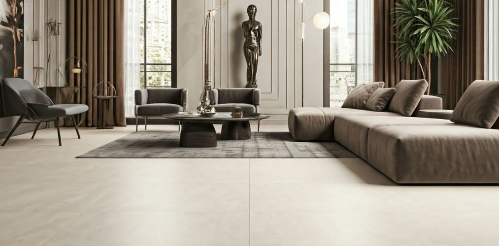 Beige vitrified tile flooring in modern living room - Beautiful Homes