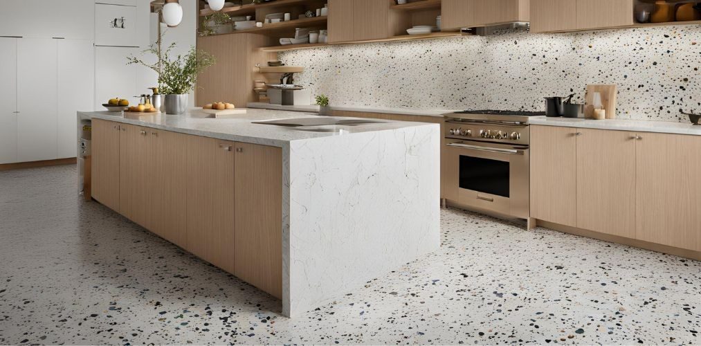 Contemporary terrazzo flooring for a wooden kitchen - Beautiful Homes