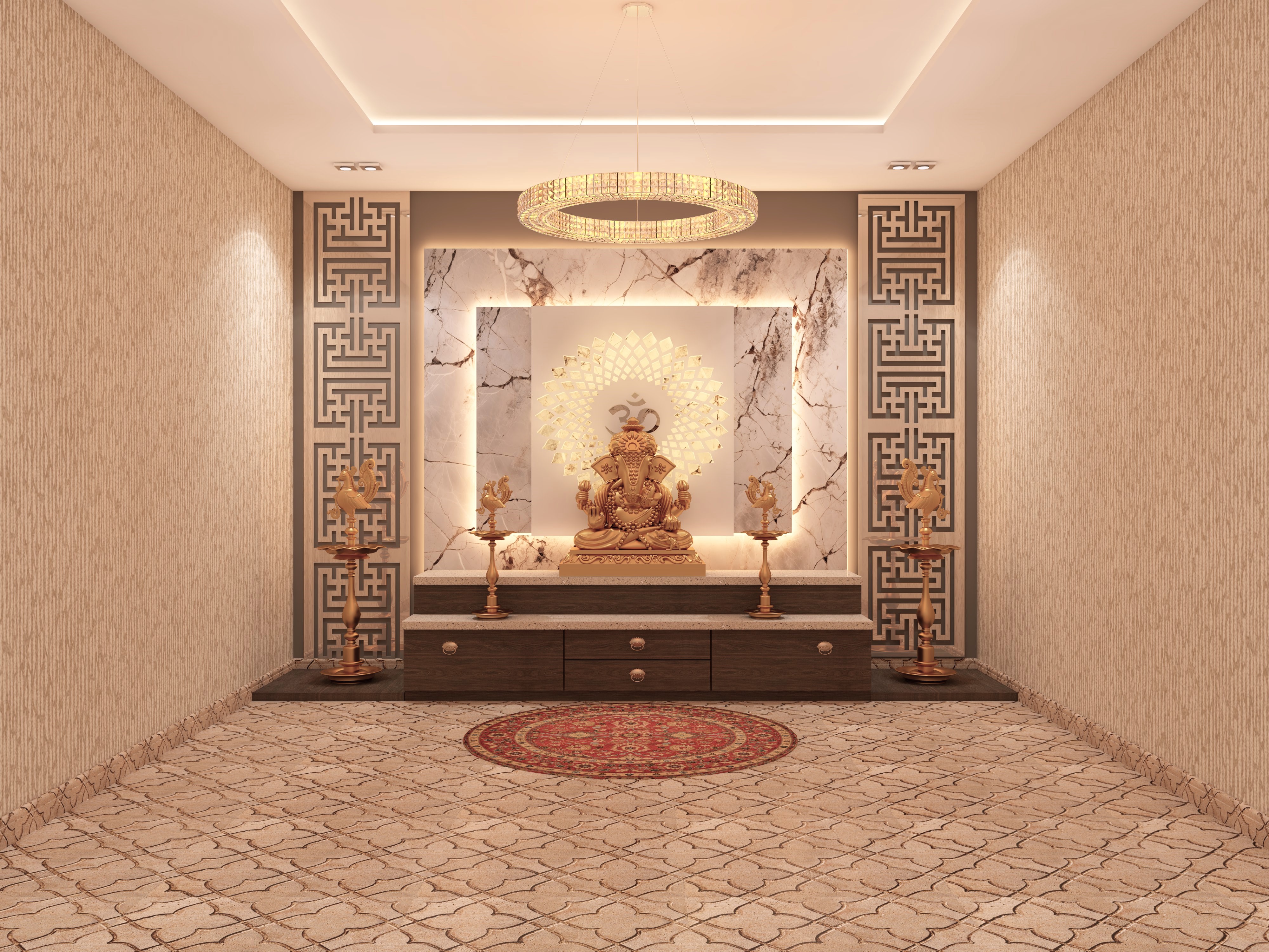 Geometric pattern flooring for modern puja room - Beautiful Homes