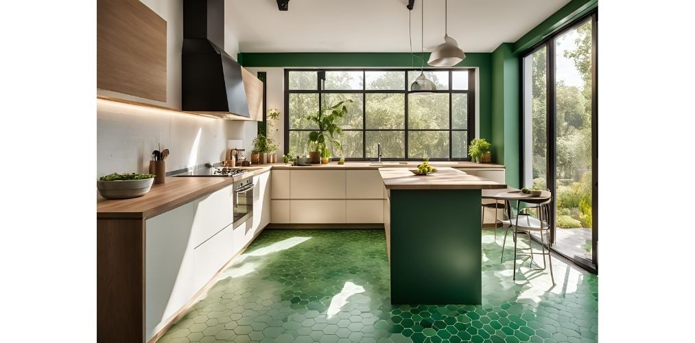 Green hexagonal flooring design for kitchen - Beautiful Homes