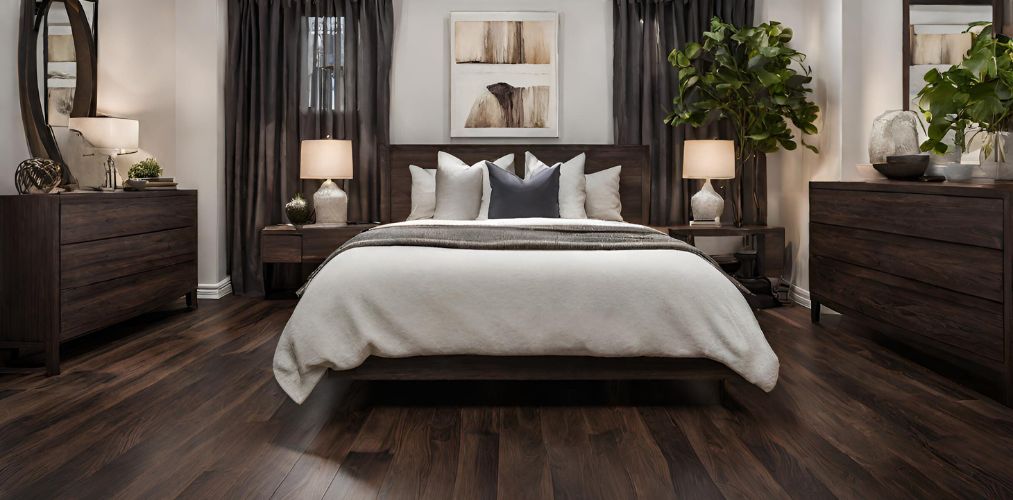 Guest bedroom with dark brown wooden flooring - Beautiful Homes
