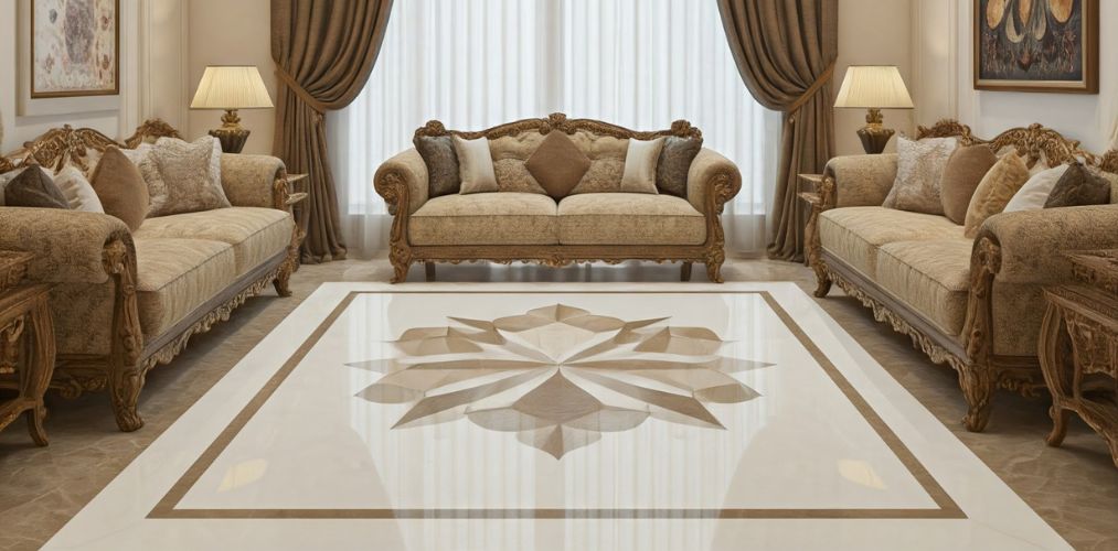 Living room with floral marble floor design - Beautiful Homes