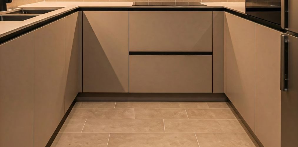 Modern beige kitchen floor with matte ceramic tiles - Beautiful Homes