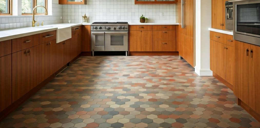Modern kitchen with multicolour hexagonal tile flooring - Beautiful Homes