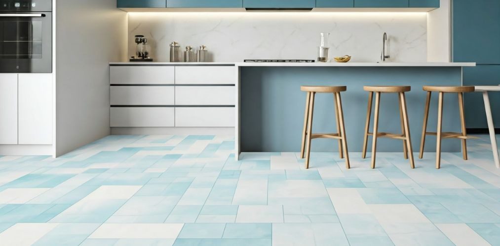 Modern kitchen with pastel blue tile flooring - Beautiful Homes