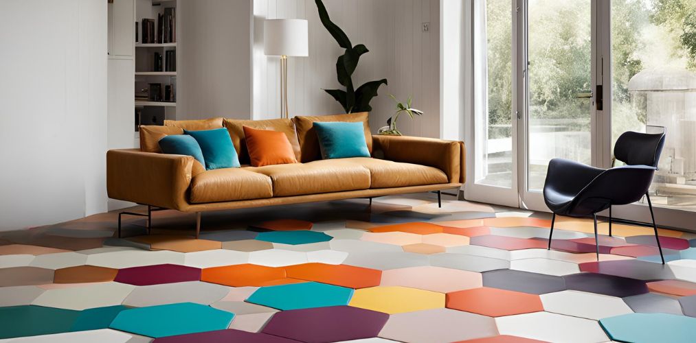 Multi-coloured hexagonal flooring for a chic living room - Beautiful Homes
