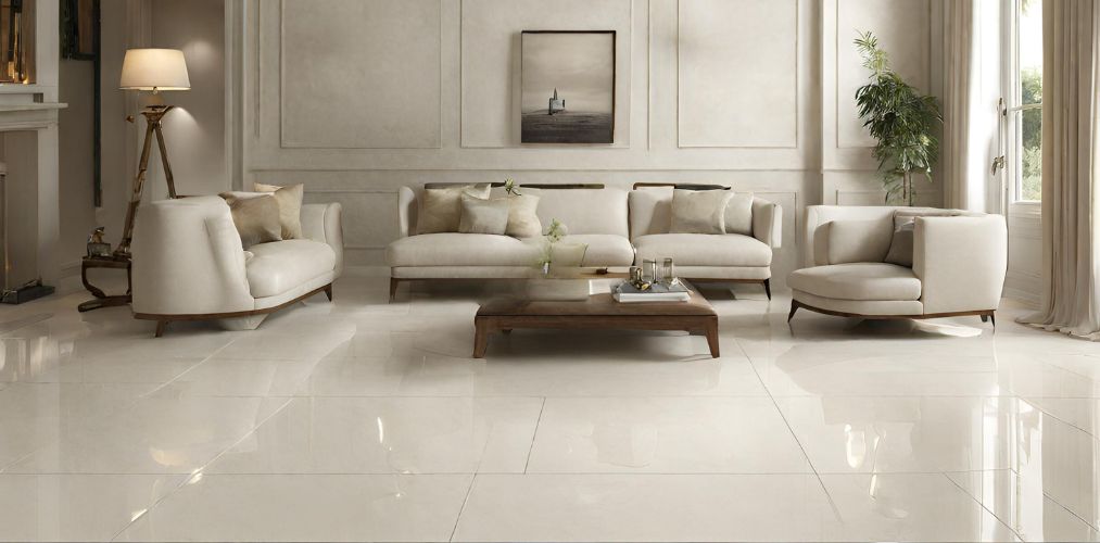 Off-white square tiles for modern living room-Beautiful Homes
