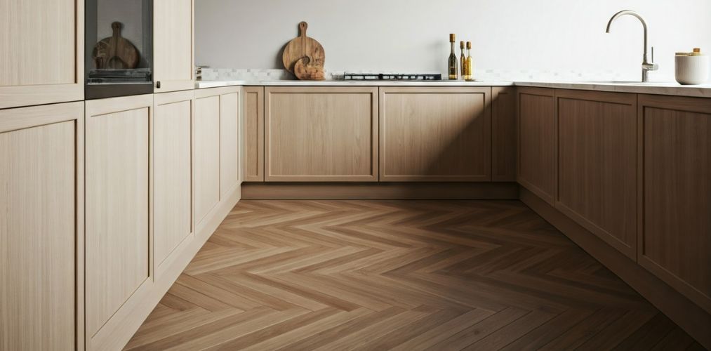 Herringbone wooden flooring in modern kitchen setup - Beautiful Homes