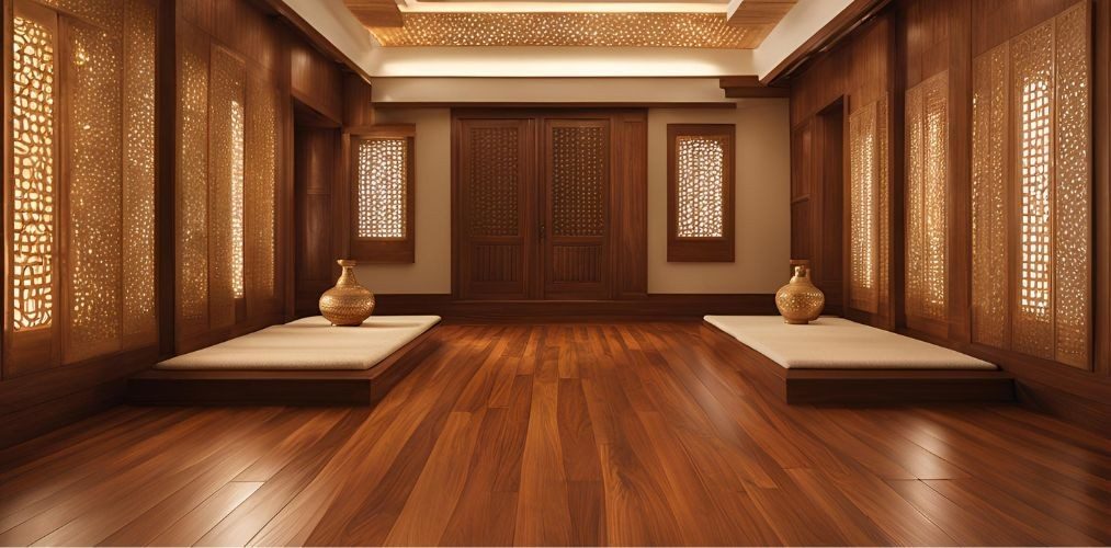 Traditional dark brown rectangular tiles flooring for puja room - Beautiful Homes