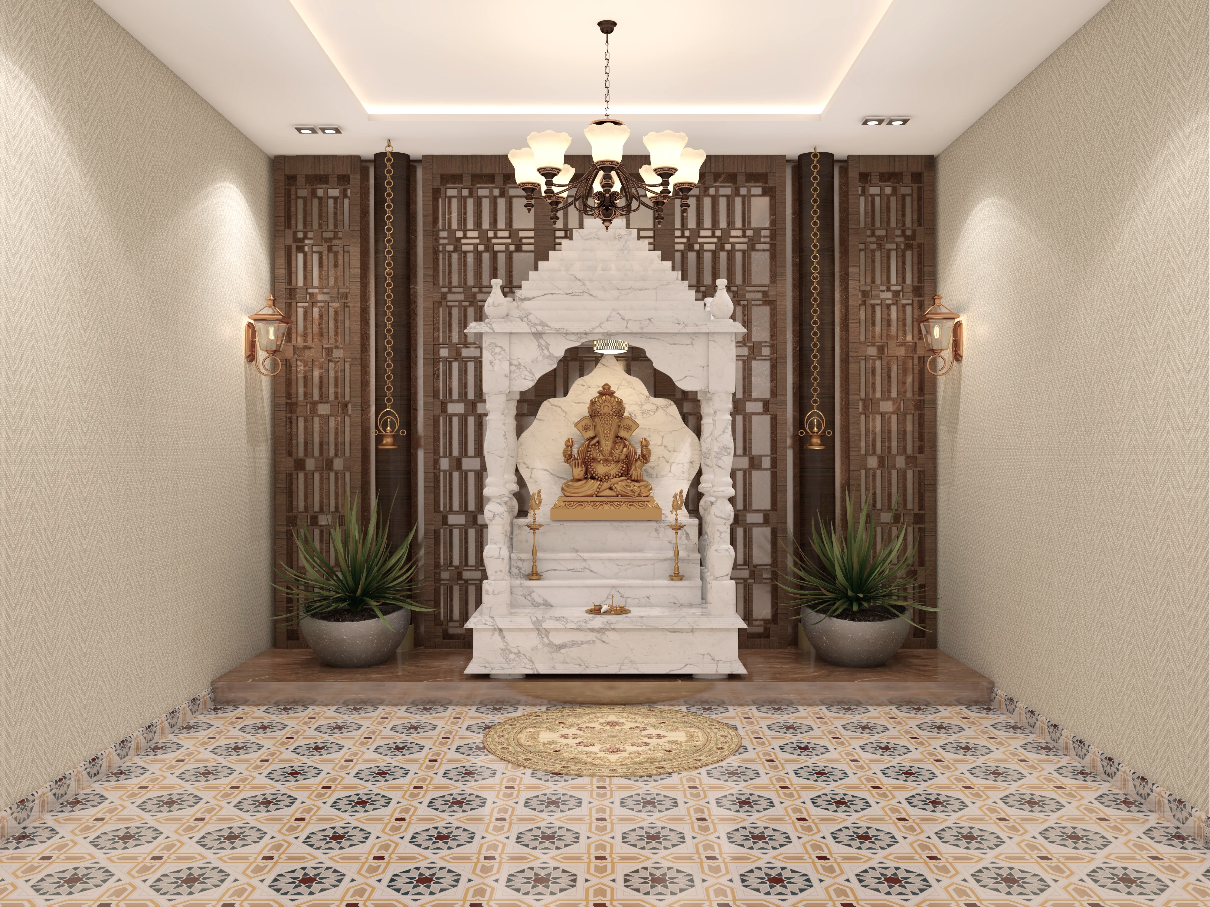 Traditional patterned tiles in puja room - Beautiful Homes