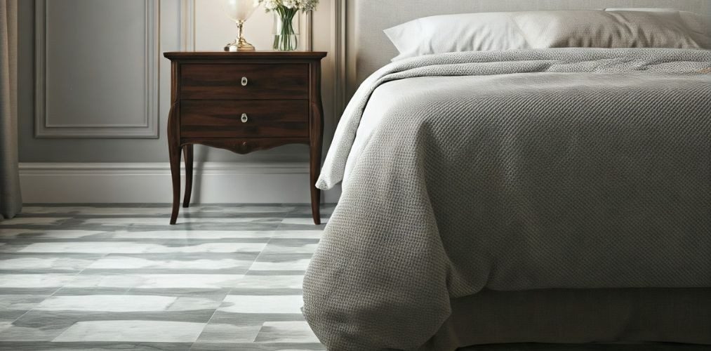 Grey patterned bedroom flooring with wooden side table - Beautiful Homes